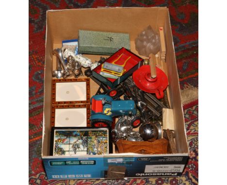 A box of collectables including tin plate tractor trailer with gears, Mickey Mouse table bell, cruets, marquetry box and cand