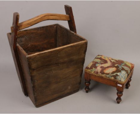 A square formed wooden trug,along with a small oak foot stool.