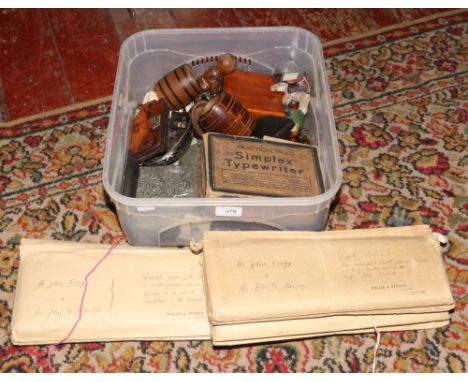 A box of collectables to include Victorian indentures, pen knives, Simplex typewriter, cork screws, pewter etc.