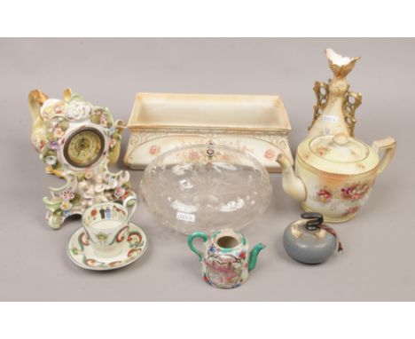 A collection of mostly ceramics to include an Austrian Vienna vase (damaged), Carltonware teapot, mantel clock decorated with