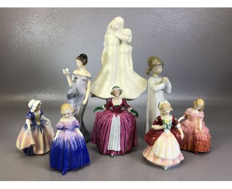 Collection of eight porcelain figurines to include a young girl playing a musical instrument by Lladro, Royal Worcester Momen