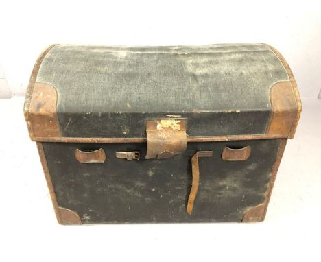Large vintage travel trunk by Bick Brothers, Cheltenham, with initials D.C.M to each end, approx 85cm x 57cm x 68cm tall
