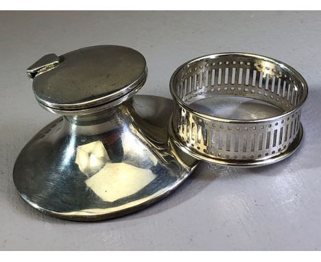 Silver Hallmarked items to include an Edwardian Silver inkwell and a boxed Silver hallmarked Napkin ring