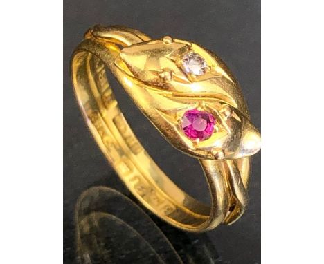 18ct Gold ring set with Diamond and Ruby stones 1900 size 'M' approx 3.4g