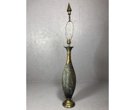 Large Middle Eastern brass lamp base with ornate detailing, approx 136cm in height to top of pointed section