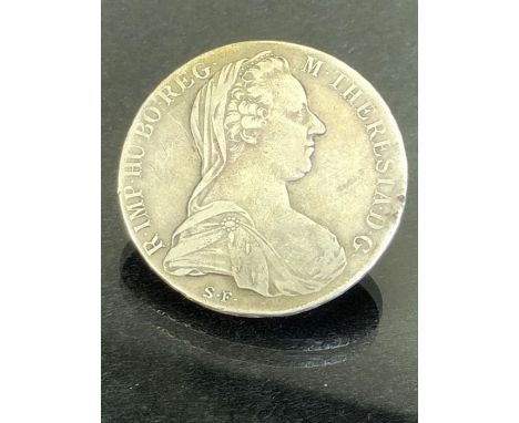 Silver 1780 Maria Theresa Thaler coin, inscribed 'BURG CO TYR 1780 X ARCHID AUST DUX' with Imperial Eagle, and 'R IMP HU BO R