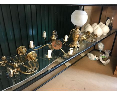 Collection of mostly copper and brass light fittings and wall-mounted light fittings, with a selection of glass shades