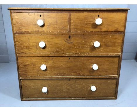 Vintage chest of five drawers with ceramic handles, approx 106cm x 50cm x 91cm tall