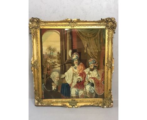 Large Middle Eastern court scene Tapestry depicting four figures, a King a Courtier and kneeling man approx 74.5 x 82.5 cm in