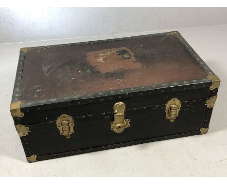Good quality vintage metal and brass bound trunk, approx 91cm x 53cm x 35cm tall