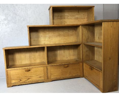 Pine architectural L-shaped corner book case / display case with three cupboards under, approx 152cm x 84cm x 126cm tall