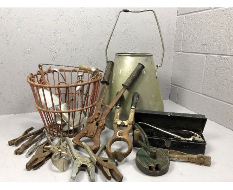 Collection of vintage farming equipment to include egg basket, milk pail and assorted tools