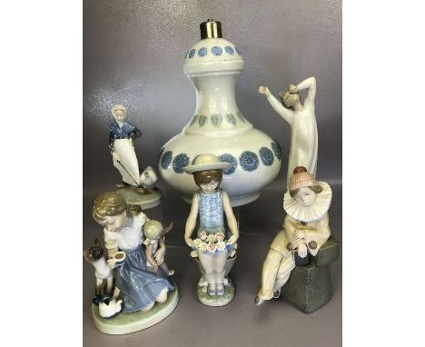 Collection of Lladro and one Royal Copenhagen figurines and a Lladro lamp base 