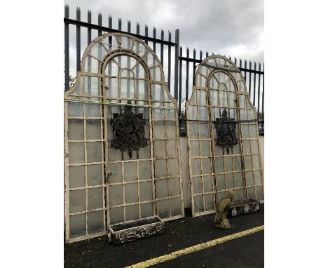 Architectural Salvage: Two magnificent Victorian very large framed windows with central stained panels and Latin inscription 