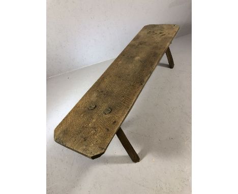 Rustic jointed tapering bench on splayed legs, approx 167cm x 40cm x 44cm tall