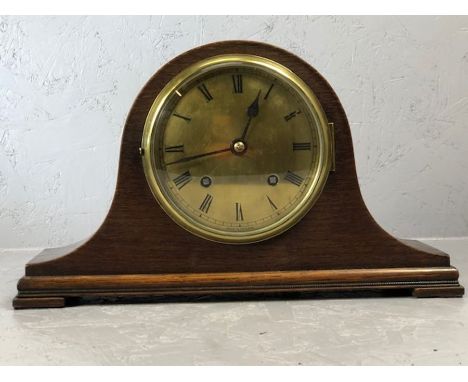 Brass-faced English mantle clock, gongs on the half hour and hour, good working order but no.12 key required 