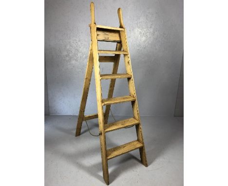 Antique pine step ladder with five steps and shaped top handles, open height approx 163cm 