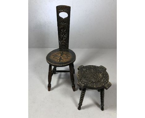 Ebonised prayer stool and low table on bobbin turned legs chair A/F