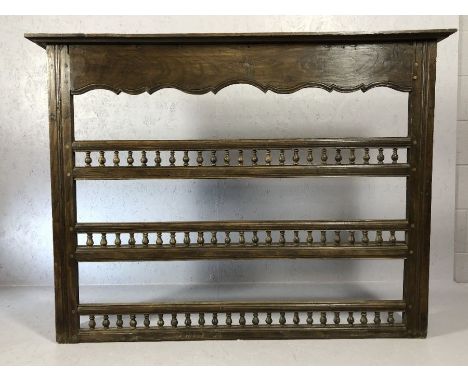Wall hanging shelving unit with bobbin turned galleries, approx 141cm x 22cm x 105cm tall