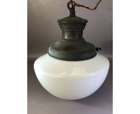 Art Deco opalescent white glass and copper pendant light, approx 40cm in drop