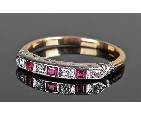 18 carat gold, platinum ruby and diamond ring, with a row of four diamonds and three rubies, ring size M