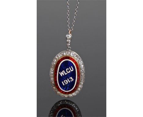 Circa 1913 Welsh Ladies Golf Union diamond set medal, the oval medal with blue red and white enamel with the text WLGU 1913, 