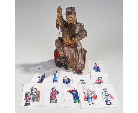 Japanese carved figure, seated on a bench with long whiskers, together with Chinese rice paper paintings of figures, (qty)