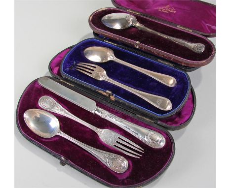 Three English silver cased sets, to include a spoon and fork, a spoon, fork and knife and a spoon, (3)