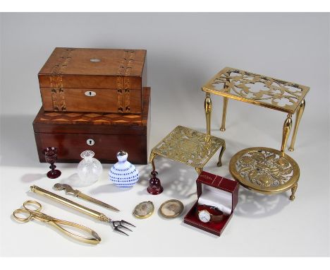 Mixed works of art, to include two trivets, brass toasting fork and scissors, two boxes, glasses, a watch and two miniature f