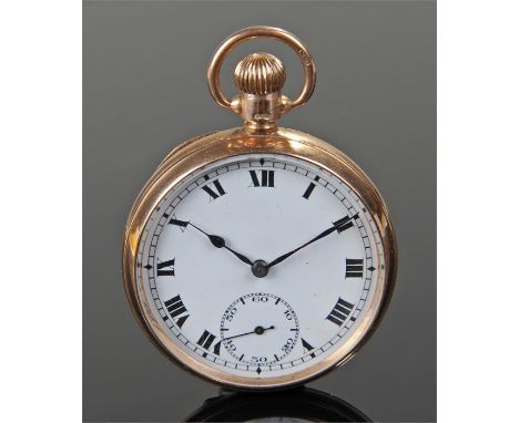 9 carat gold open face pocket watch, the white enamel dial with Roman hours, subsidiary seconds dial, movement by record, 50m