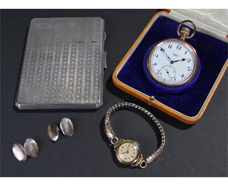 Gold plated open face pocket watch, housed within a box, together with a silver cigarette case, a ladies watch and a pair of 