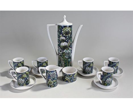 Portmeirion 1970s Magic Garden coffee set, by Susan Williams-Ellis, to include six cups and saucers, a coffee pot, milk jug a