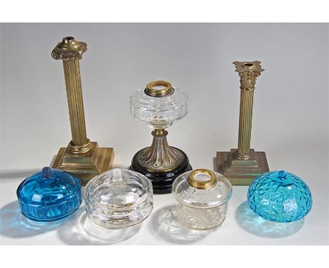 Collection of oil lamp parts, to include, a Corinthian column and ionic column, two blue glass fonts and three glass fonts, (