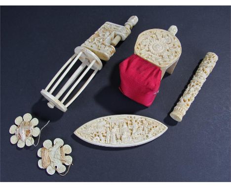 19th Century Chinese Canton ivory needlework tools, to include a pin cushion clamp, a clamp with wheel, a needle case and thr