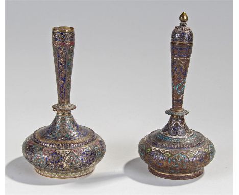 Pair of Indian Deccani ware enamel and gilt brass rosewater sprinklers, decorated with foliated scrolls, long necks, ovoid ba