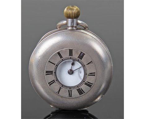 Early 20th Century silver half hunter pocket watch, the outer blue enamelled dial with engine turned case, with interior whit