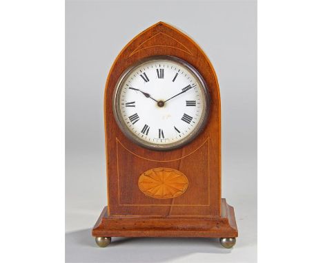 French mahogany lancet clock, with boxwood stringing, white enamel dial and inlaid base, raised on brass bun feet, movement b