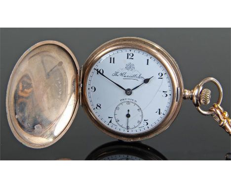 Gold plated hunter pocket watch, Thomas Russell & Son, with a white enamel dial, subsidiary seconds dial, together with a 9 c