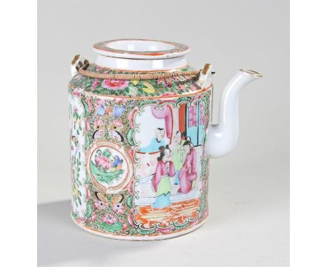 Chinese Canton enamel teapot, the body decorated with figures, butterflies and exotic birds amongst foliage, 15cm high