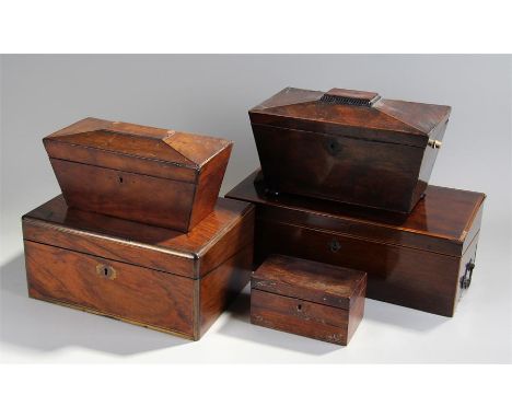 Victorian rosewood tea caddy, together with a mahogany tea caddy, a small rosewood tea caddy and two writing slopes, (5)