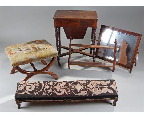 Victorian walnut sewing table, together with an X frame stools, a long stool, a shelf and a mirror, (5)