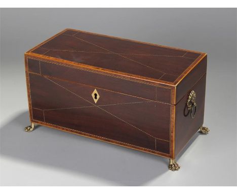 Mid 19th Century mahogany, cross banded and chequer strung tea caddy, the rectangular caddy with cross chequer stringing, the