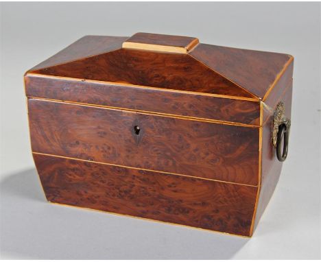 19th Century yew wood tea caddy, the angled top above fruit wood strung edges, two compartments to the interior, ring handles