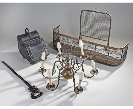 Brass chandelier, together with a coal scuttle, two fire screens and a walking stick, (5)