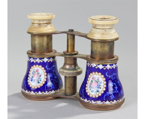 Pair of late 19th Century brass and enamel telescopic opera glasses with turned ivory eyepieces, each enamelled barrel painte