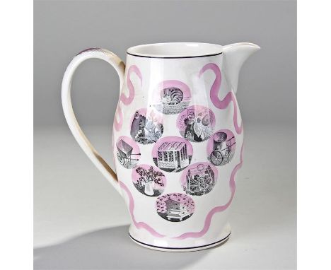 Eric Ravilious Wedgwood lemonade jug, Garden Implements, black and white lemonade jug decorated to one side with a barrel ful