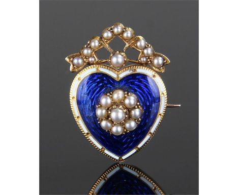 Victorian yellow metal pearl and enamel brooch, the heart shaped brooch with blue enamel ground, pearl set top and centre, 28