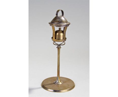 WMF brass novelty table lighter, in the form of an Edwardian lamp, the hinged top enclosing the lamp reservoir, 24cm high  