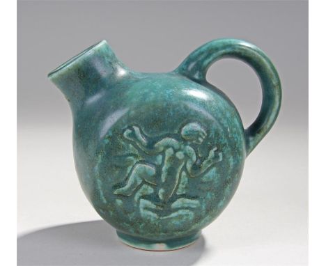 Saxbo Danish jug, by Jais Nielsen, with turquoise glaze, figures to either side, 16cm high