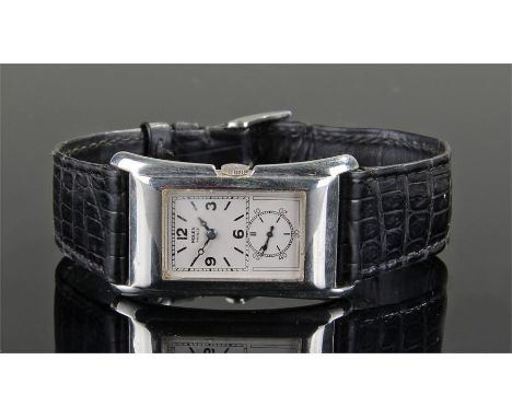 Rolex silver gentleman's Prince wristwatch, circa 1930's, the rectangular case and dial, silver duo-dial with quarterly appli